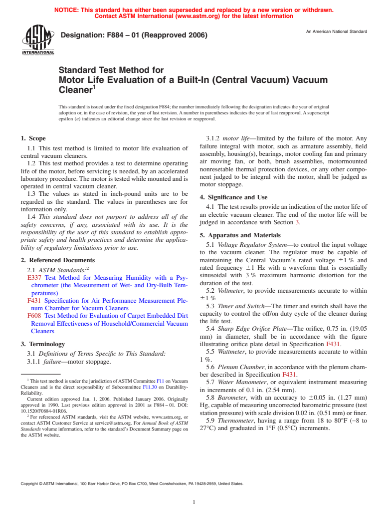 ASTM F884-01(2006) - Standard Test Method for Motor Life Evaluation of a Built-In (Central Vacuum) Vacuum Cleaner