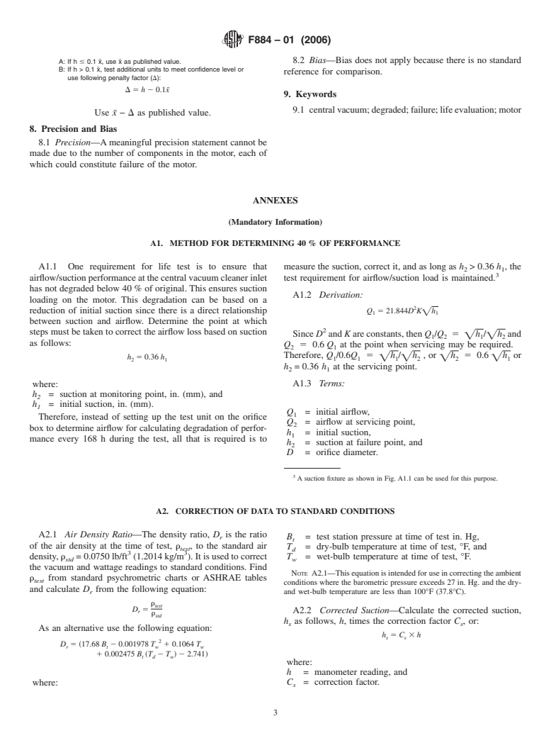 ASTM F884-01(2006) - Standard Test Method for Motor Life Evaluation of a Built-In (Central Vacuum) Vacuum Cleaner