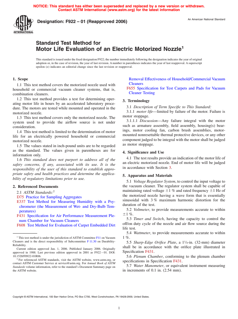 ASTM F922-01(2006) - Standard Test Method for Motor Life Evaluation of an Electric Motorized Nozzle