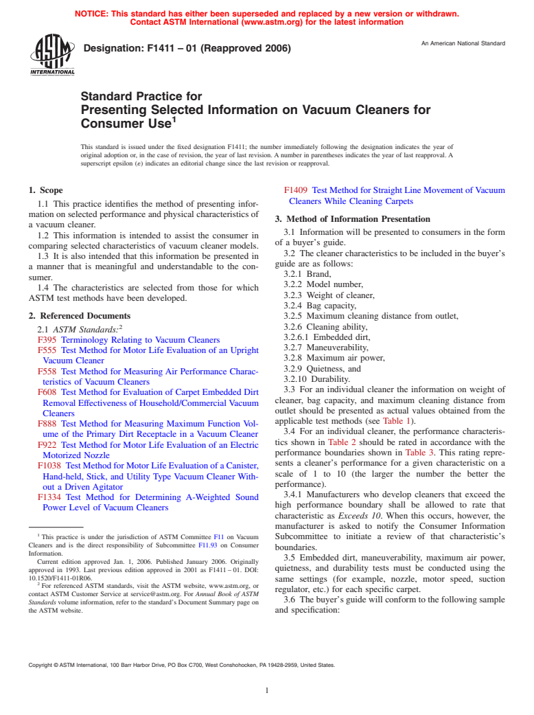 ASTM F1411-01(2006) - Standard Practice for Presenting Selected Information on Vacuum Cleaners for Consumer Use