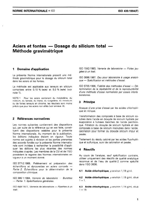 ISO 439:1994 - Aciers et fontes -- Dosage du silicium total -- Méthode gravimétrique