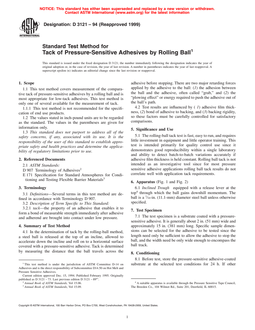 ASTM D3121-94(1999) - Standard Test Method for Tack of Pressure-Sensitive Adhesives by Rolling Ball