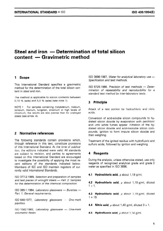ISO 439:1994 - Steel and iron -- Determination of total silicon content -- Gravimetric method