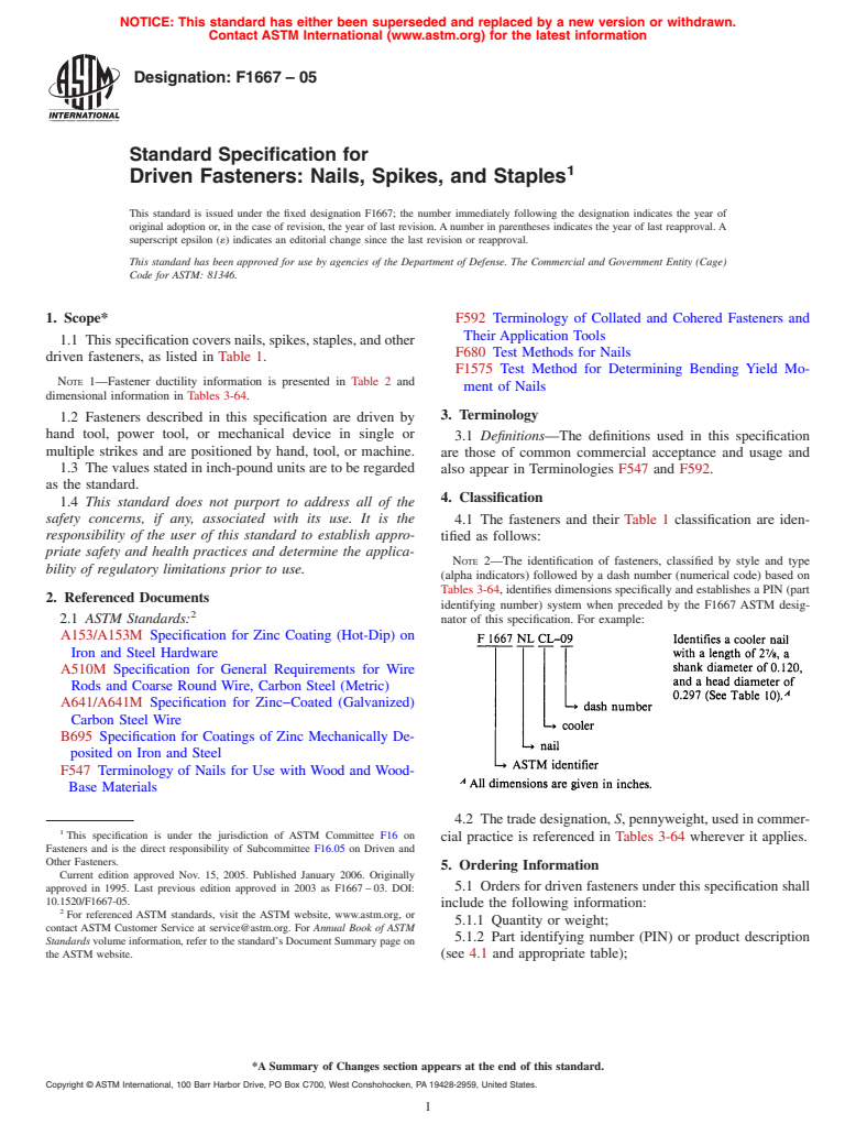 ASTM F1667-05 - Standard Specification for Driven Fasteners: Nails, Spikes, and Staples