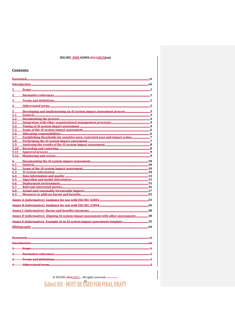 REDLINE ISO/IEC FDIS 42005 - Information technology — Artificial intelligence — AI system impact assessment
Released:5. 02. 2025