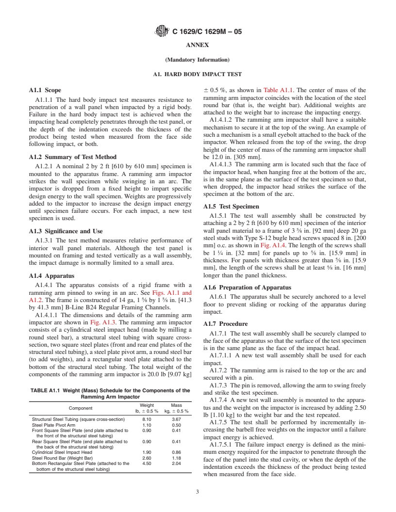 ASTM C1629/C1629M-05 - Standard Classification for Abuse-Resistant Nondecorated Interior Gypsum Panel Products and Fiber-Reinforced Cement Panels