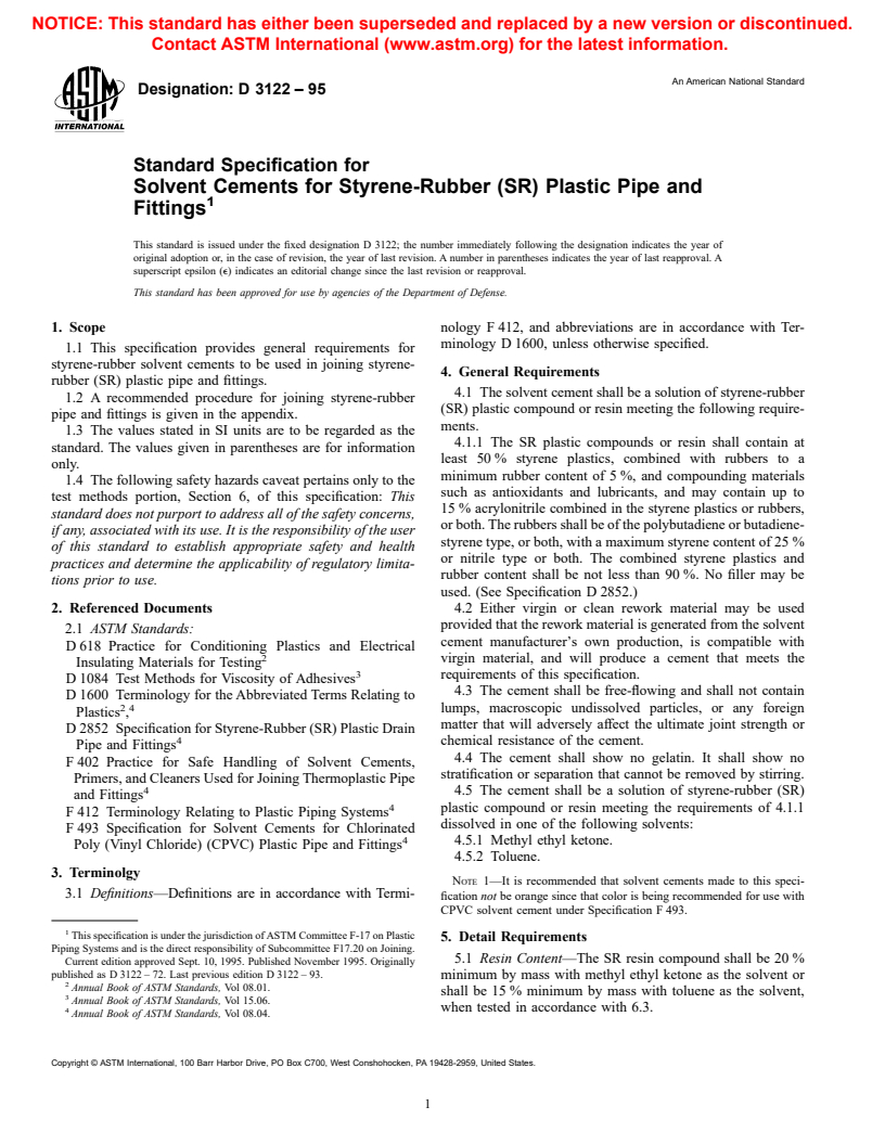 ASTM D3122-95 - Standard Specification for Solvent Cements for Styrene-Rubber (SR) Plastic Pipe and Fittings