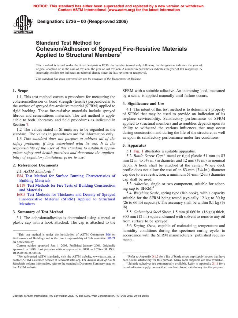 ASTM E736-00(2006) - Standard Test Method for Cohesion/Adhesion of Sprayed Fire-Resistive Materials Applied to Structural Members