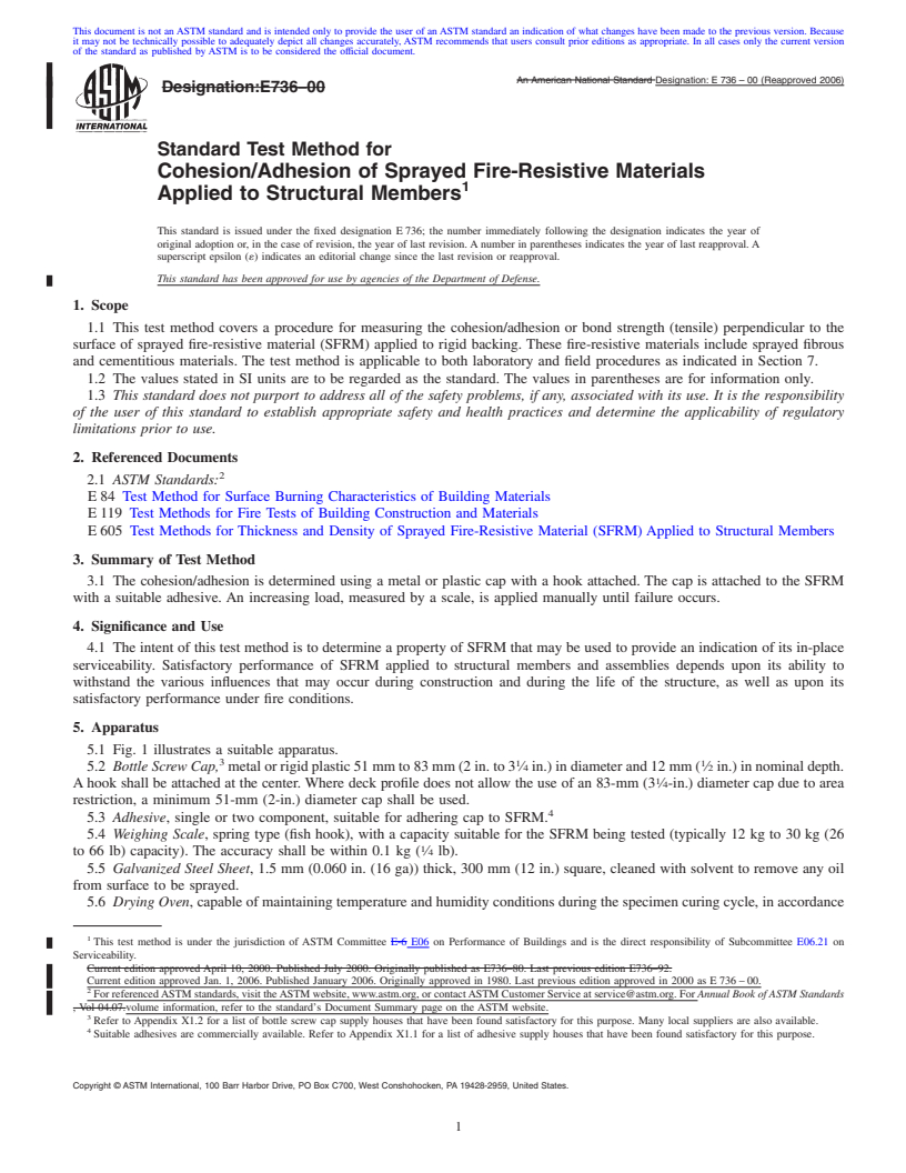 REDLINE ASTM E736-00(2006) - Standard Test Method for Cohesion/Adhesion of Sprayed Fire-Resistive Materials Applied to Structural Members