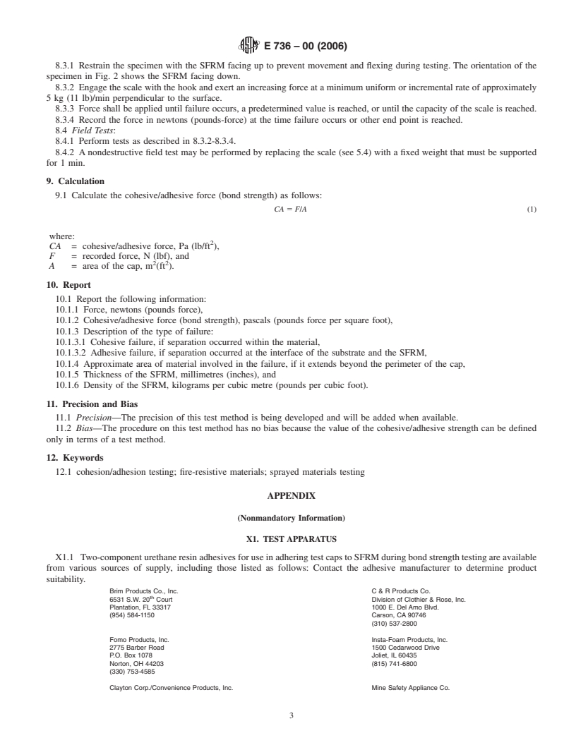 REDLINE ASTM E736-00(2006) - Standard Test Method for Cohesion/Adhesion of Sprayed Fire-Resistive Materials Applied to Structural Members