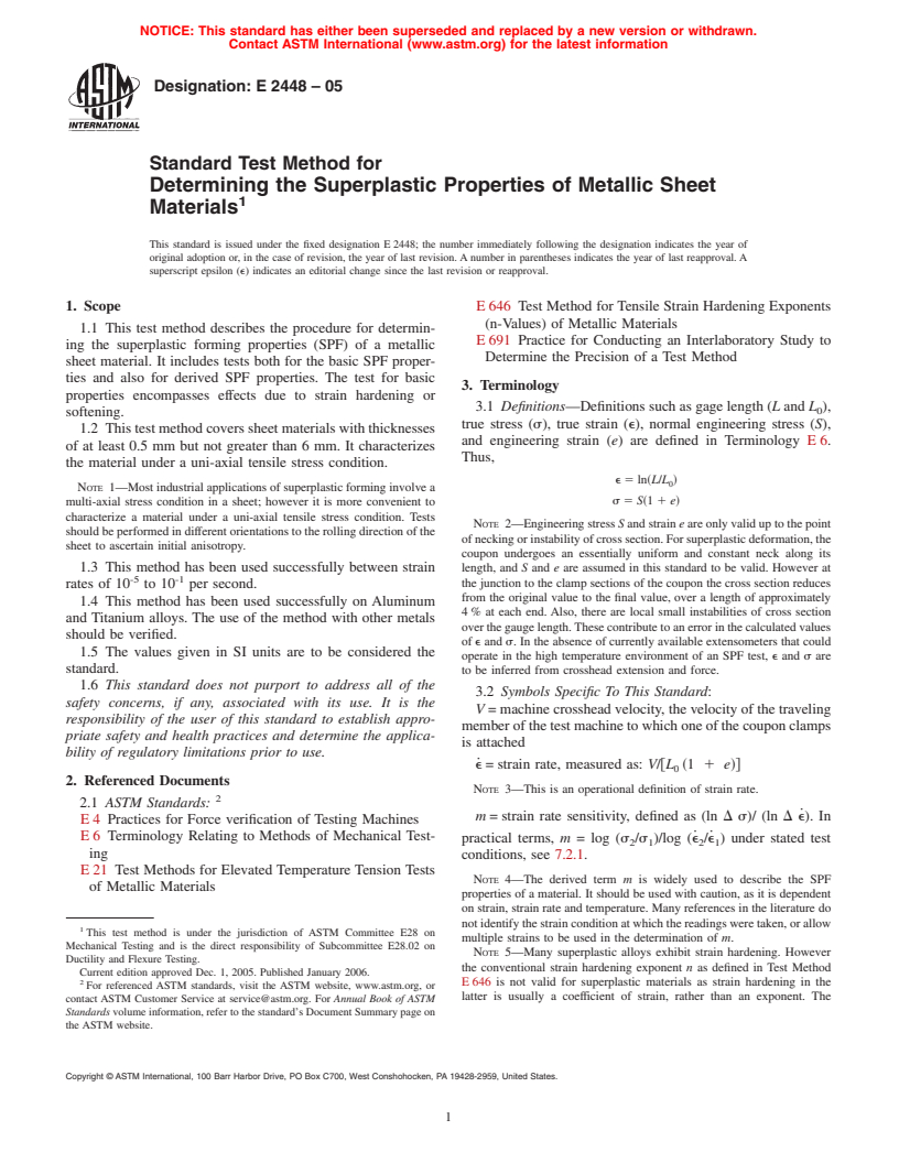 ASTM E2448-05 - Standard Test Method for Determining the Superplastic Properties of Metallic Sheet Materials