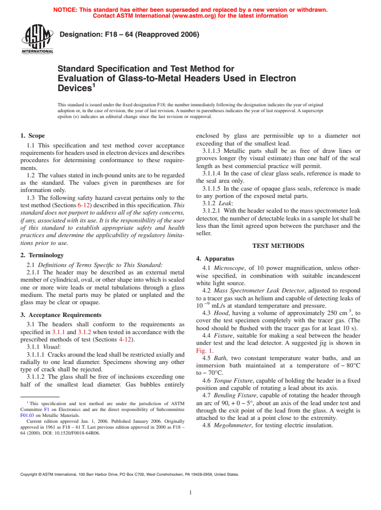 ASTM F18-64(2006) - Standard Specification and Test Method for Evaluation of Glass-to-Metal Headers Used in Electron Devices