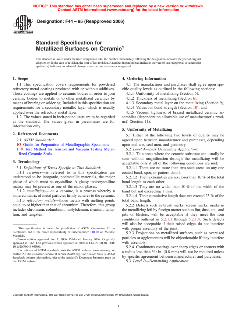 ASTM F44-95(2006) - Standard Specification for Metallized Surfaces on Ceramic