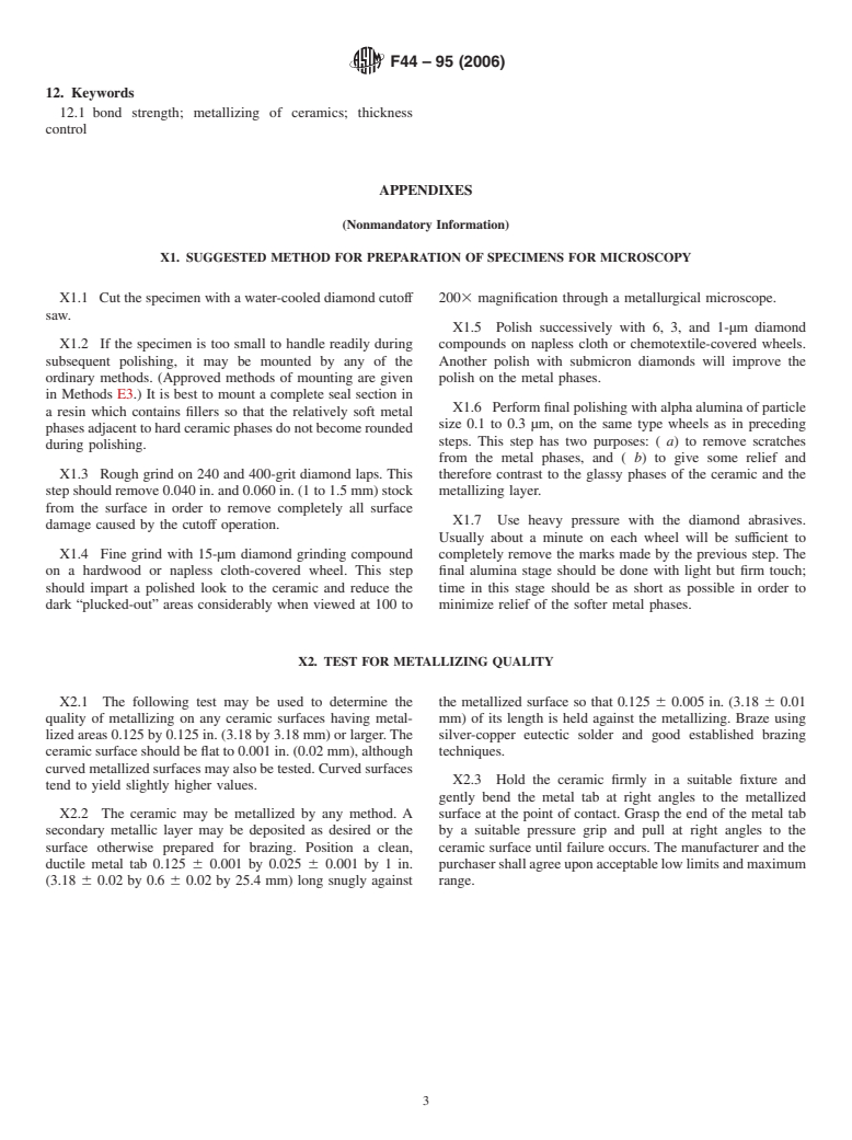 ASTM F44-95(2006) - Standard Specification for Metallized Surfaces on Ceramic