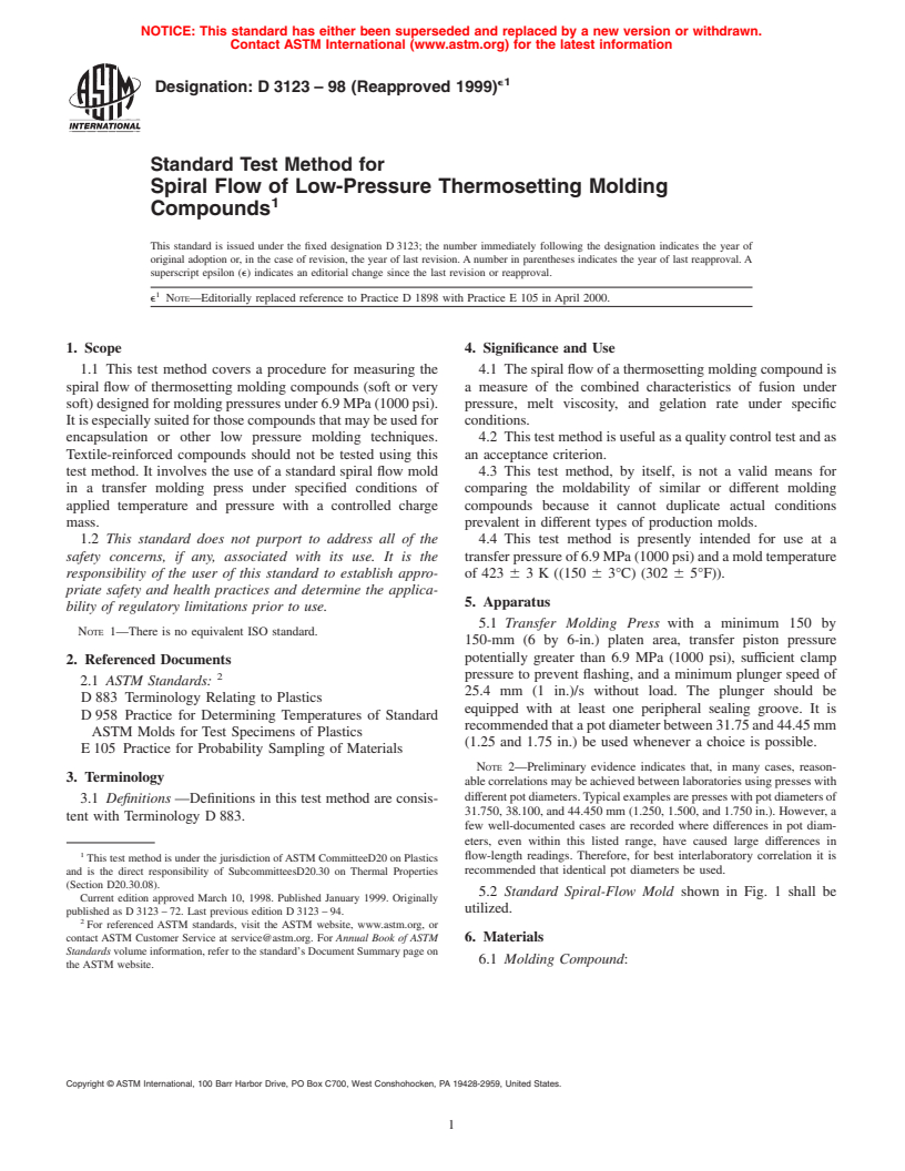 ASTM D3123-98(1999)e1 - Standard Test Method for Spiral Flow of Low-Pressure Thermosetting Molding Compounds