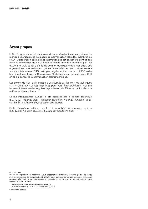 ISO 441:1997 ISO 441:1997 - Matériel pour l'industrie textile -- Lamelles pour casse-chaînes pour machines a tisser sans rentrée automatique des lamelles - Page 2 preview