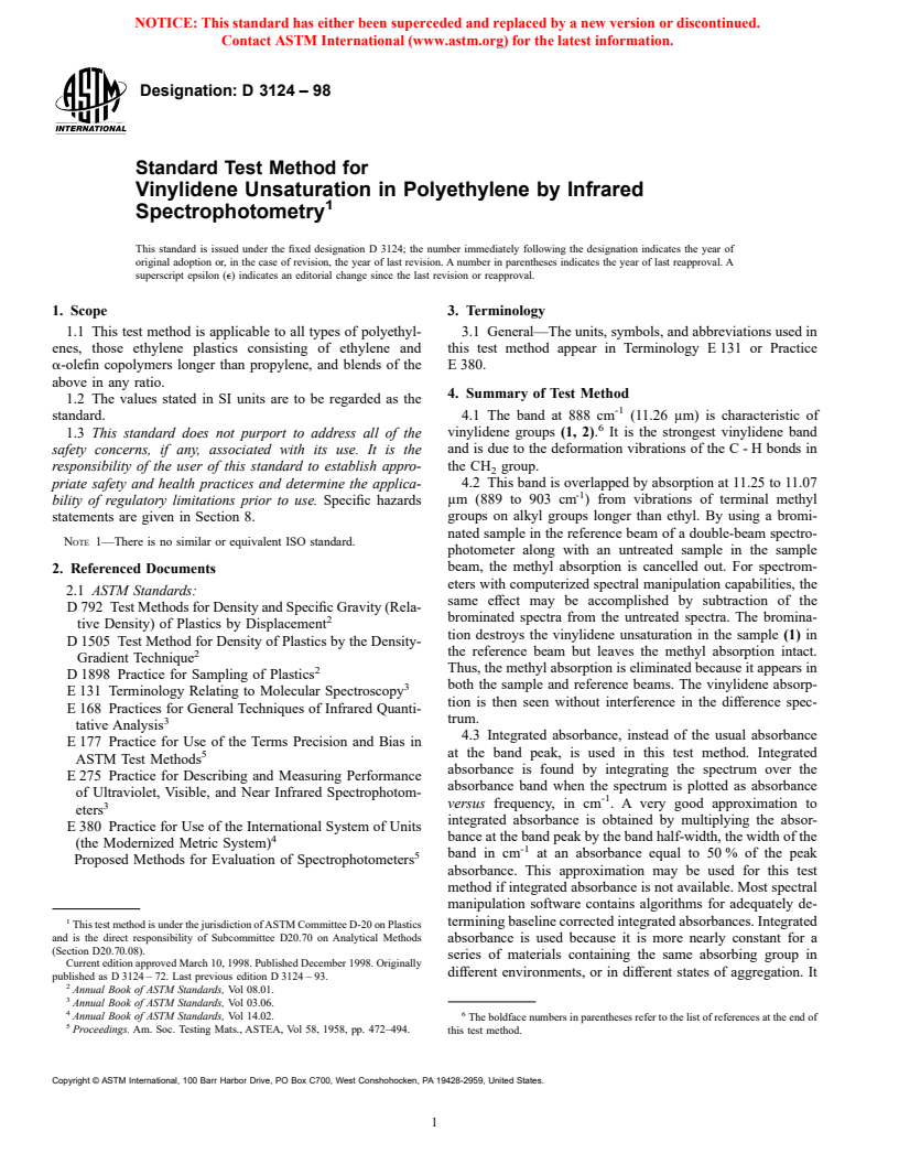 ASTM D3124-98 - Standard Test Method for Vinylidene Unsaturation in Polyethylene by Infrared Spectrophotometry