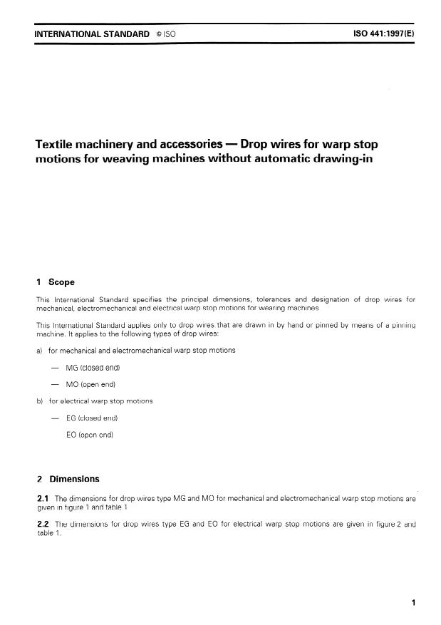 ISO 441:1997 - Textile machinery and accessories -- Drop wires for warp stop motions for weaving machines without automatic drawing-in