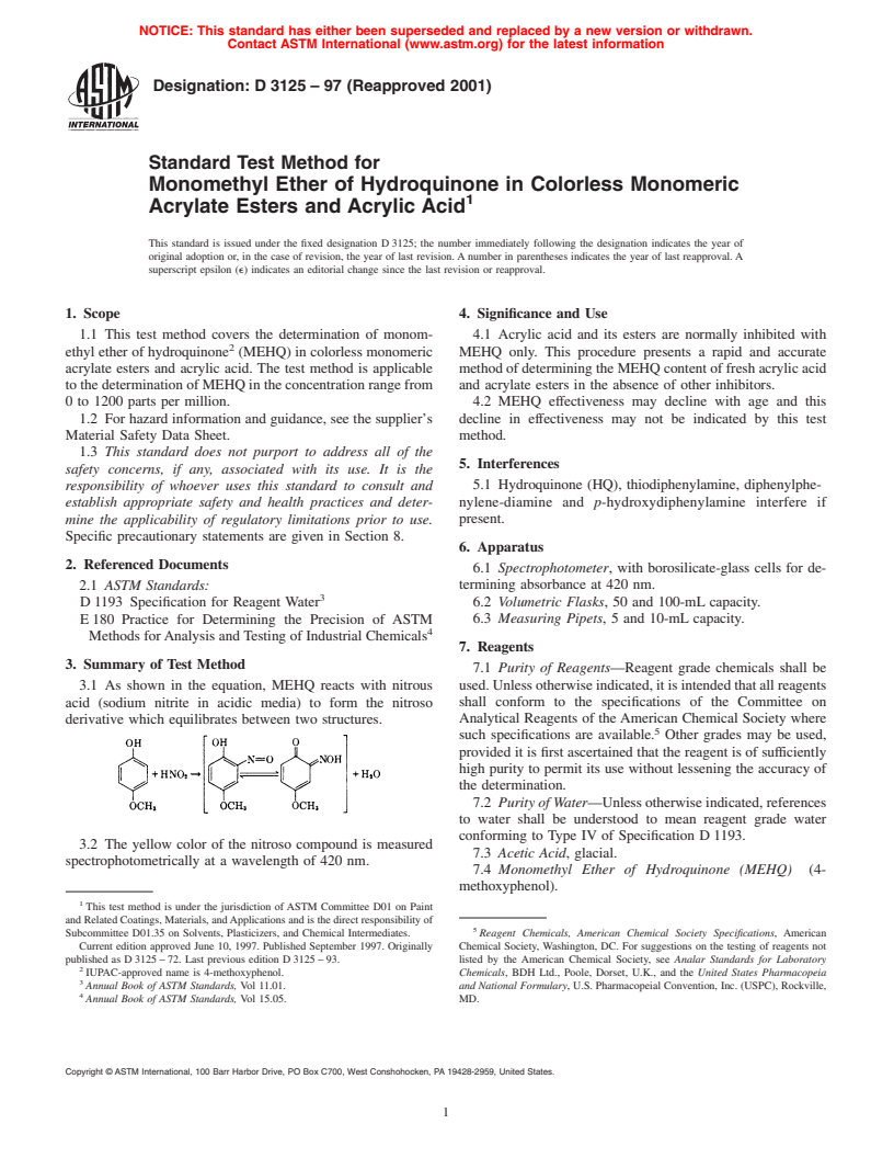 ASTM D3125-97(2001) - Standard Test Method for Monomethyl Ether of Hydroquinone in Colorless Monomeric Acrylate Esters and Acrylic Acid