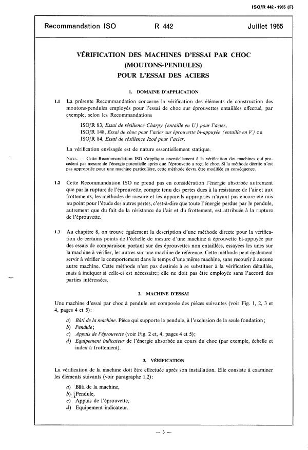 ISO/R 442:1965 - Vérification des machines d'essai par choc (moutons-pendules) pour l'essai des aciers