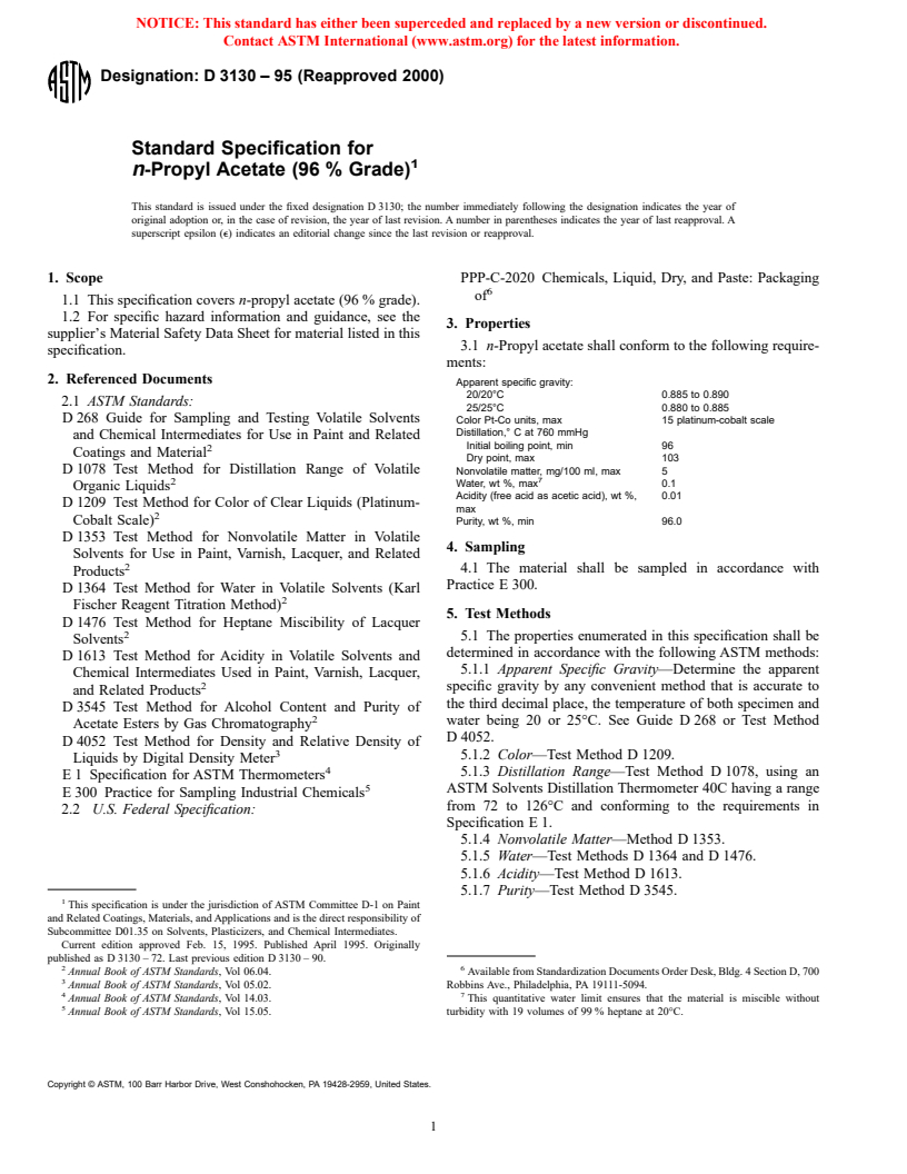 ASTM D3130-95(2000) - Standard Specification for <i>n</i>-Propyl Acetate (96 % Grade)