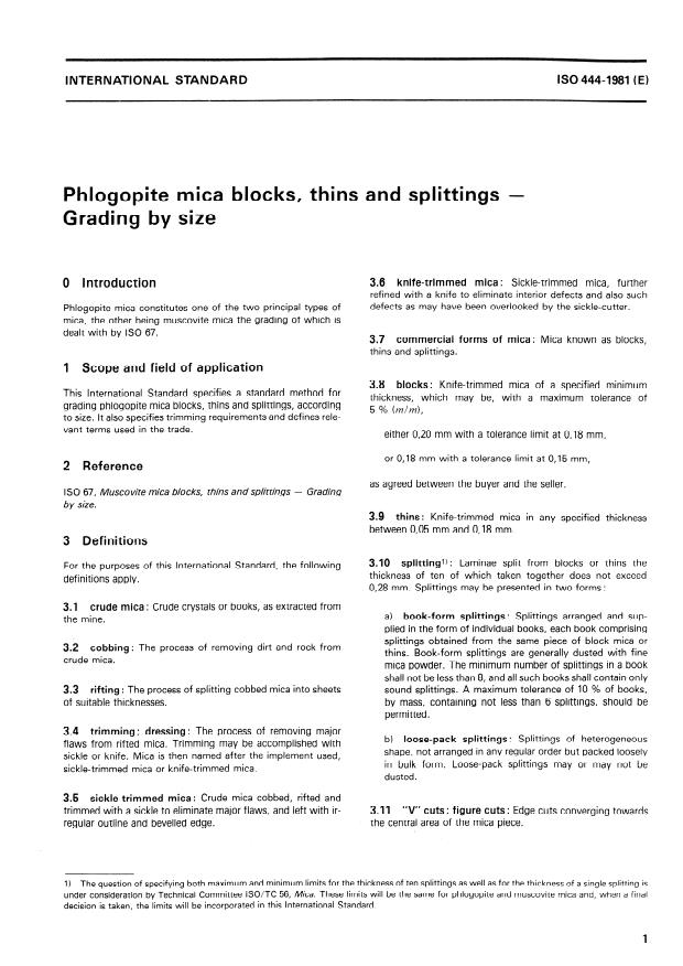 ISO 444:1981 - Phlogopite mica blocks, thins and splittings -- Grading by size