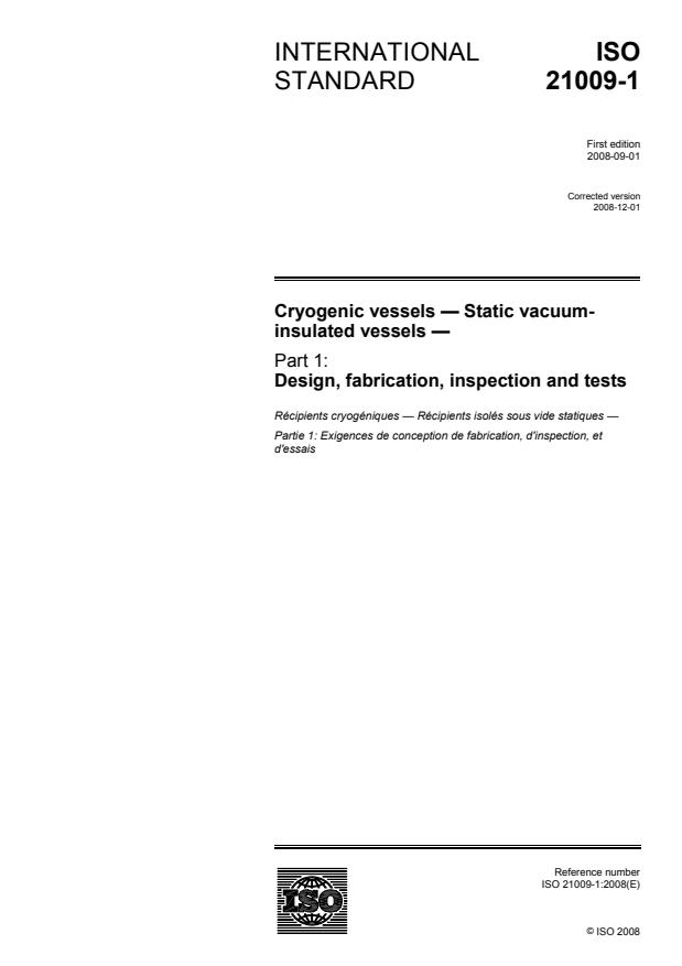 ISO 21009-1:2008 - Cryogenic vessels -- Static vacuum-insulated vessels