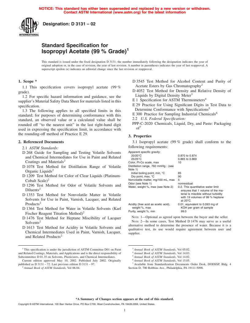 ASTM D3131-02 - Standard Specification for Isopropyl Acetate (99% Grade)