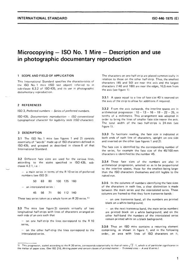 ISO 446:1975 - Microcopying -- ISO No. 1 Mire -- Description and use in photographic documentary reproduction