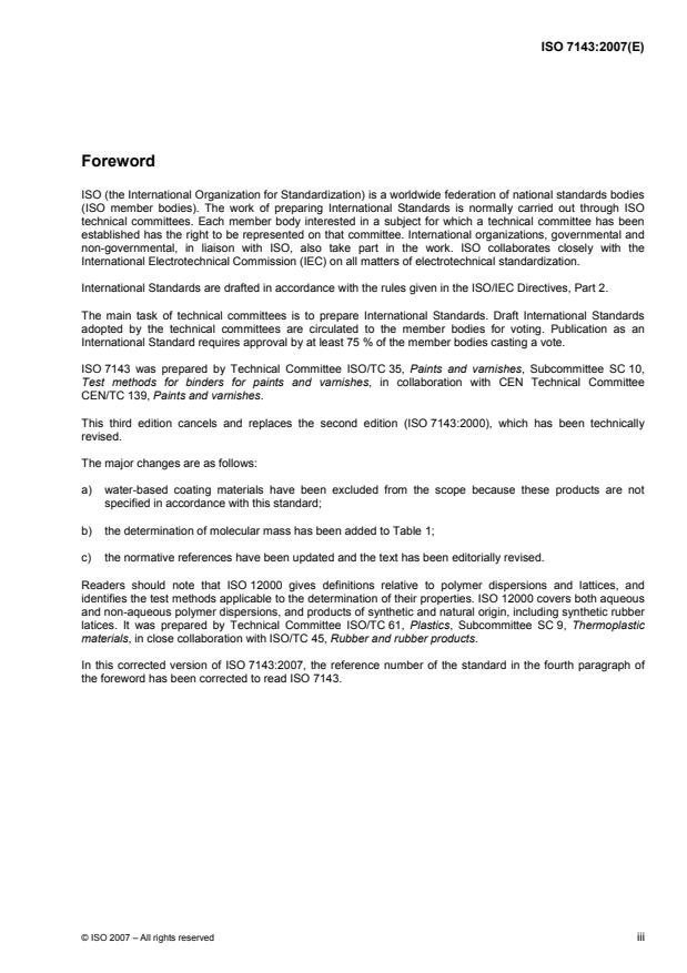 ISO 7143:2007 - Binders for paints and varnishes -- Methods of test for characterizing water-based binders