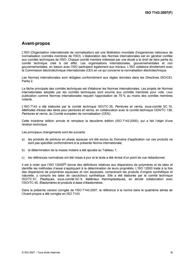 ISO 7143:2007 - Liants pour peintures et vernis -- Méthodes d'essai pour caractériser les liants a base d'eau