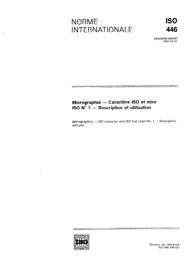 ISO 446:1991 - Micrographie -- Caractere ISO et mire ISO no. 1 -- Description et utilisation