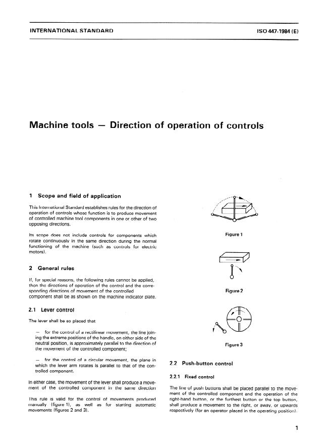 ISO 447:1984 - Machine tools -- Direction of operation of controls