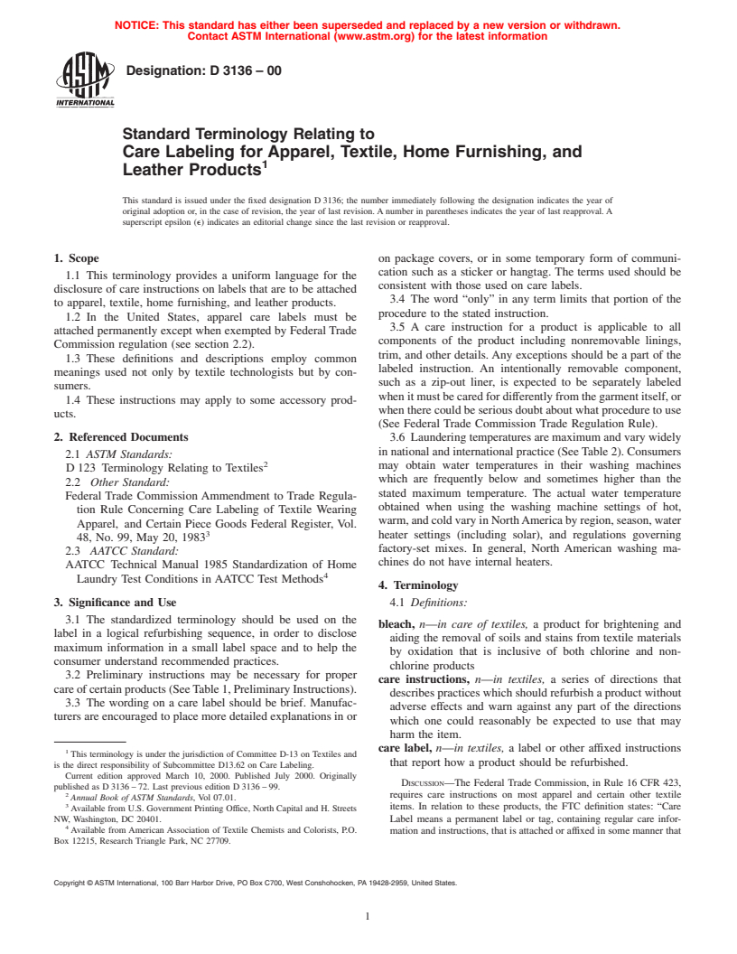 ASTM D3136-00 - Standard Terminology Relating to Care Labeling for Apparel, Textile, Home Furnishing, and Leather Products