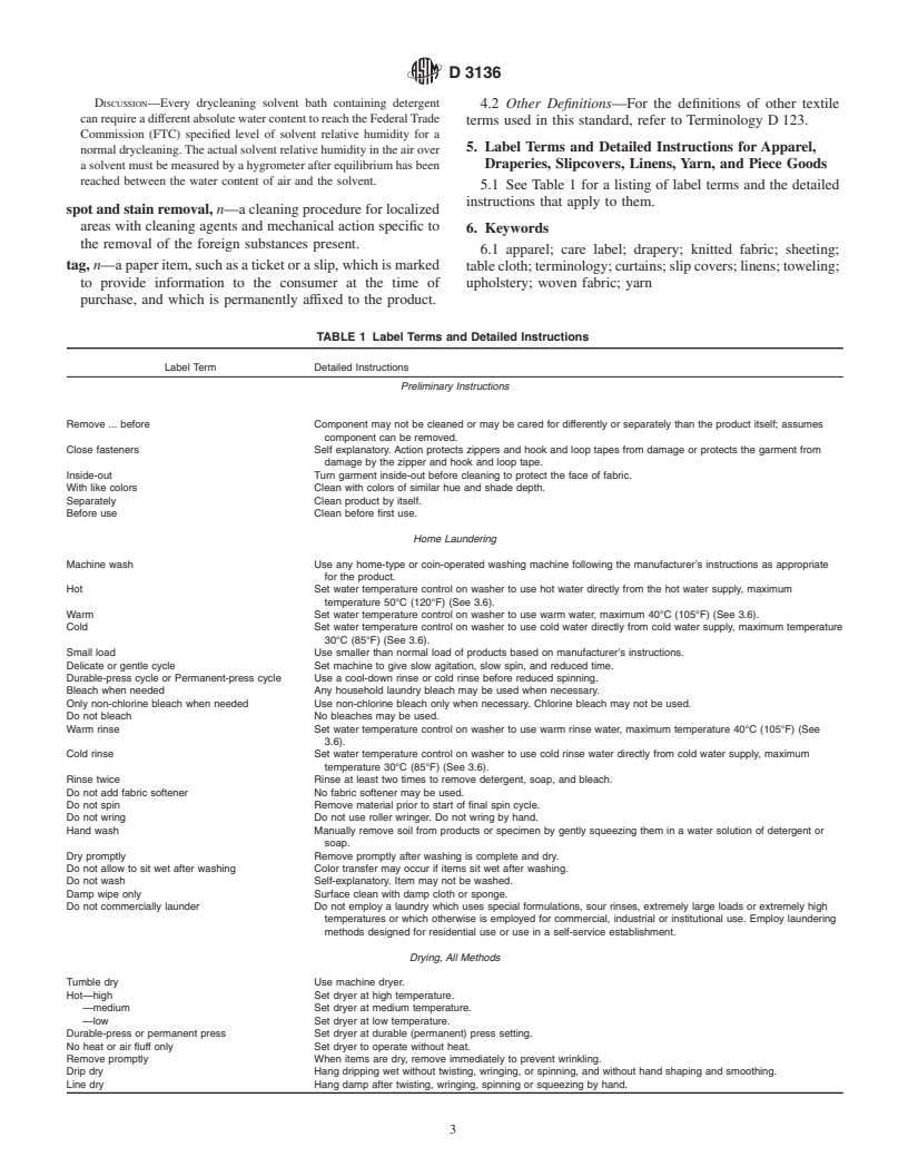 ASTM D3136-00 - Standard Terminology Relating to Care Labeling for Apparel, Textile, Home Furnishing, and Leather Products