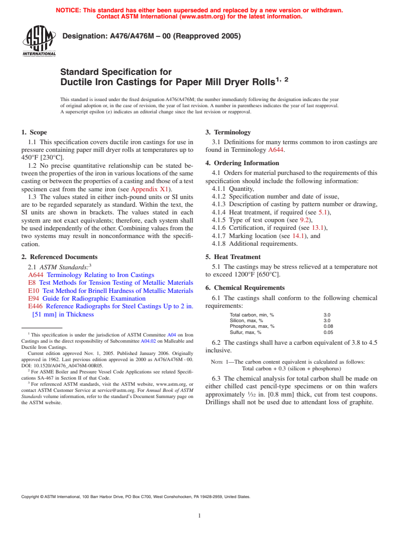 ASTM A476/A476M-00(2005) - Standard Specification for Ductile Iron Castings for Paper Mill Dryer Rolls