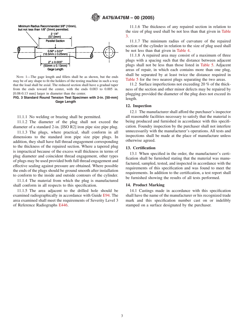 ASTM A476/A476M-00(2005) - Standard Specification for Ductile Iron Castings for Paper Mill Dryer Rolls