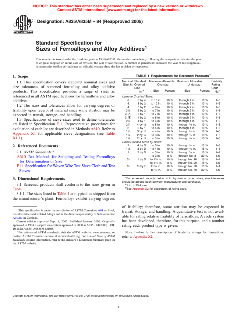 ASTM A835/A835M-84(2005) - Standard Specification for Sizes of Ferroalloys and Alloy Additives