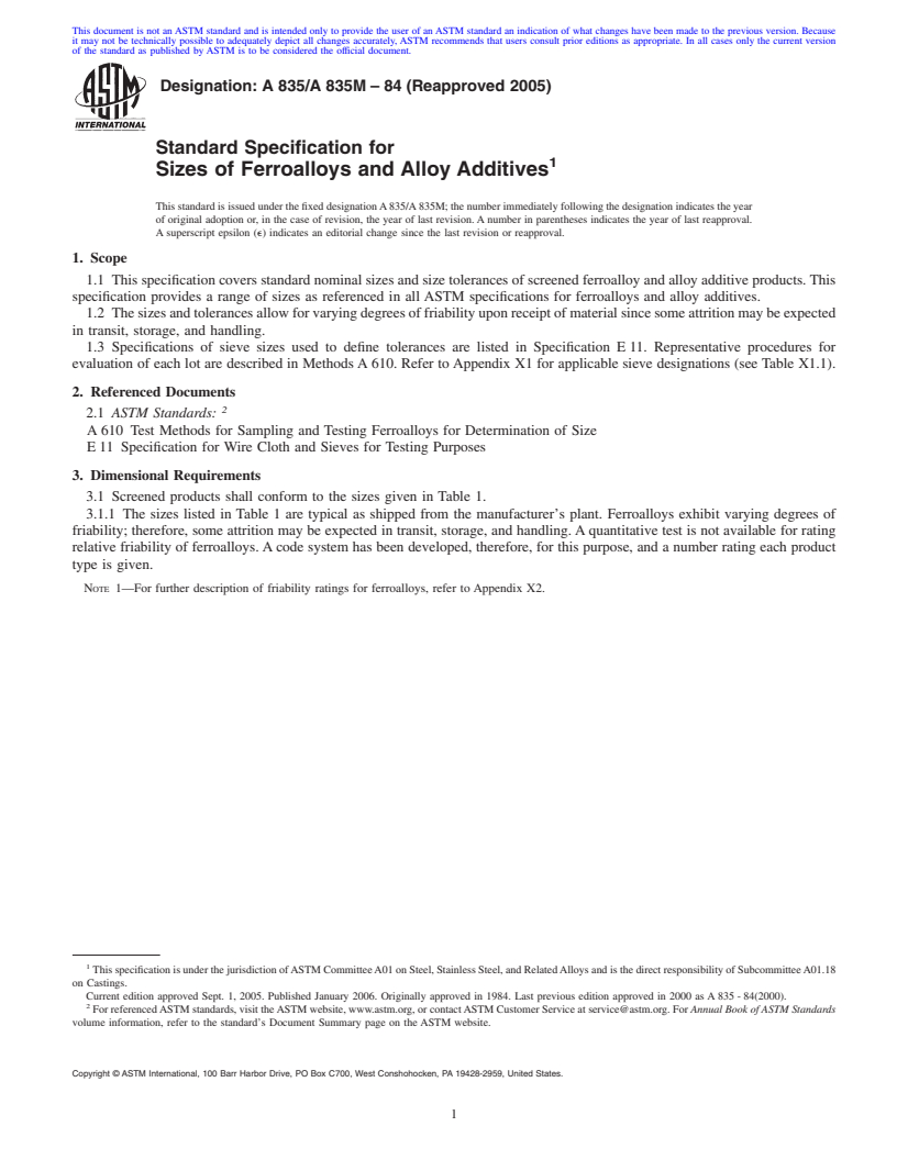 REDLINE ASTM A835/A835M-84(2005) - Standard Specification for Sizes of Ferroalloys and Alloy Additives