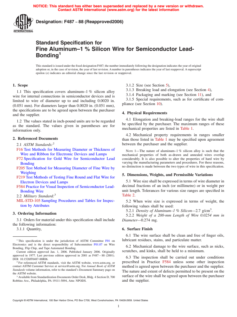 ASTM F487-88(2006) - Standard Specification for Fine Aluminum-1% Silicon Wire for Semiconductor Lead-Bonding