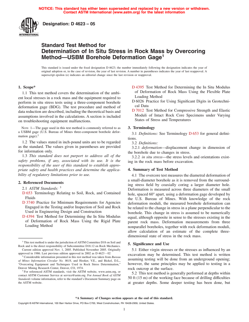 ASTM D4623-05 - Standard Test Method for Determination of In Situ Stress in Rock Mass by Overcoring Method-USBM Borehole Deformation Gage