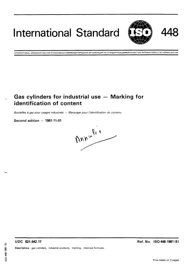 ISO 448:1981 - Gas cylinders for industrial use -- Marking for identification of content