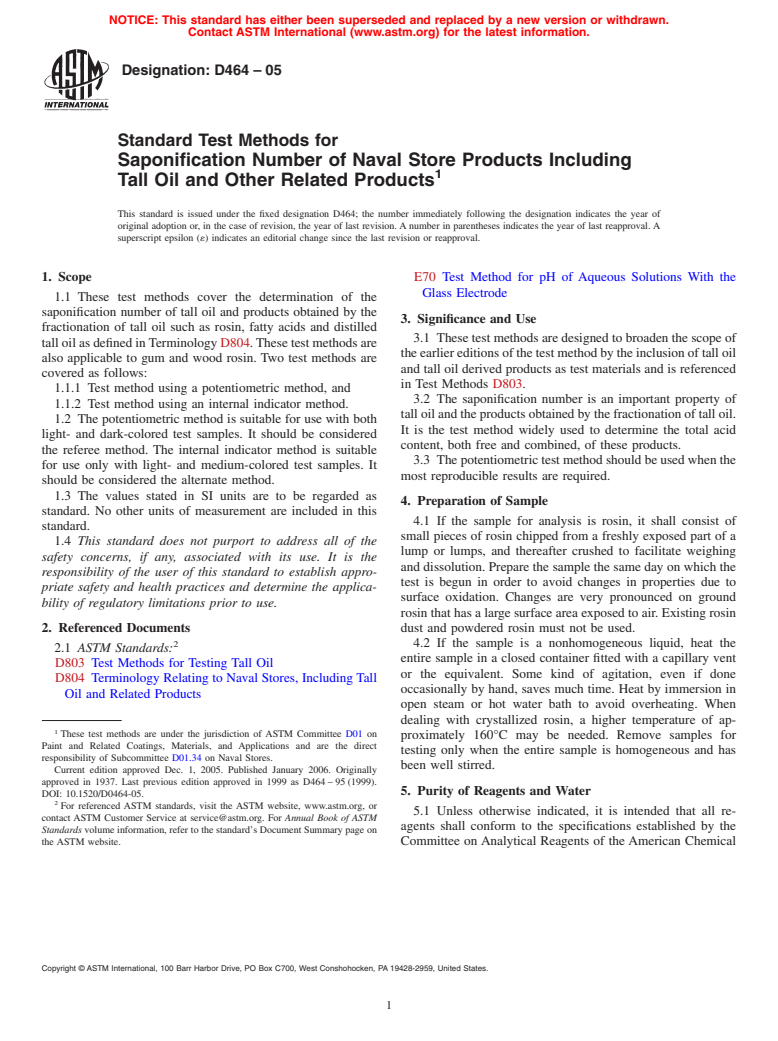 ASTM D464-05 - Standard Test Methods for Saponification Number of Naval Store Products Including Tall Oil and Other Related Products