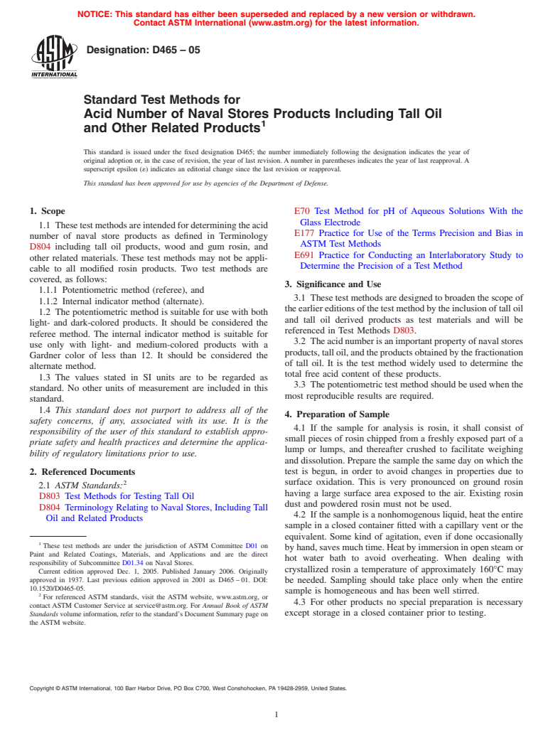 ASTM D465-05 - Standard Test Methods for Acid Number of Naval Stores Products Including Tall Oil and Other Related Products