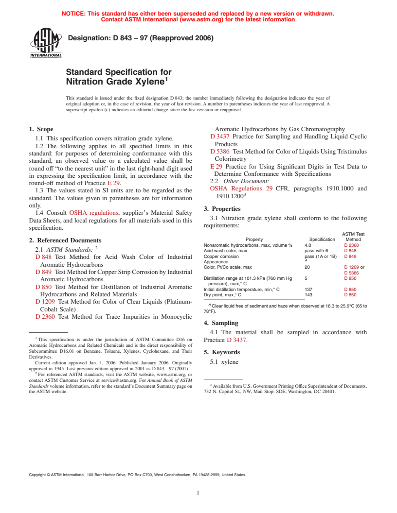 ASTM D843-97(2006) - Standard Specification for Nitration Grade Xylene