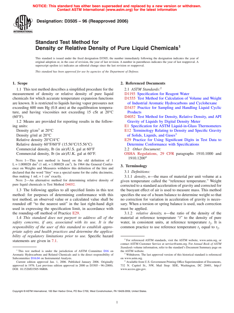 ASTM D3505-96(2006) - Standard Test Method for Density or Relative Density of Pure Liquid Chemicals