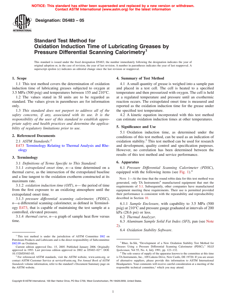 ASTM D5483-05 - Standard Test Method for Oxidation Induction Time of Lubricating Greases by Pressure Differential Scanning Calorimetry