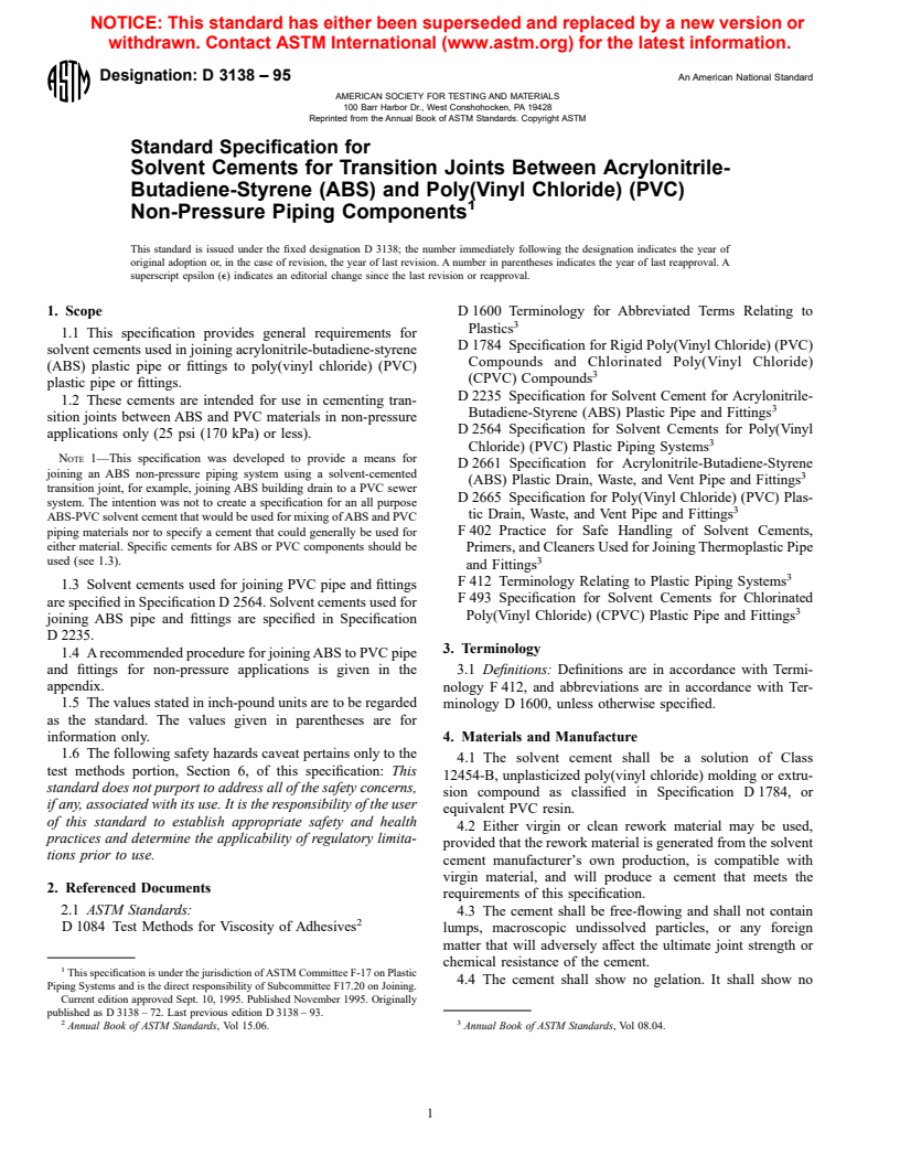 ASTM D3138-95 - Standard Specification for Solvent Cements for Transition Joints Between Acrylonitrile-Butadiene-Styrene (ABS) and Poly(Vinyl Chloride) (PVC) Non-Pressure Piping Components