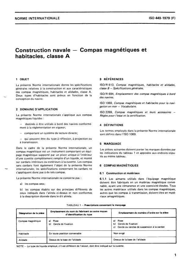 ISO 449:1979 - Construction navale -- Compas magnétiques et habitacles, classe A