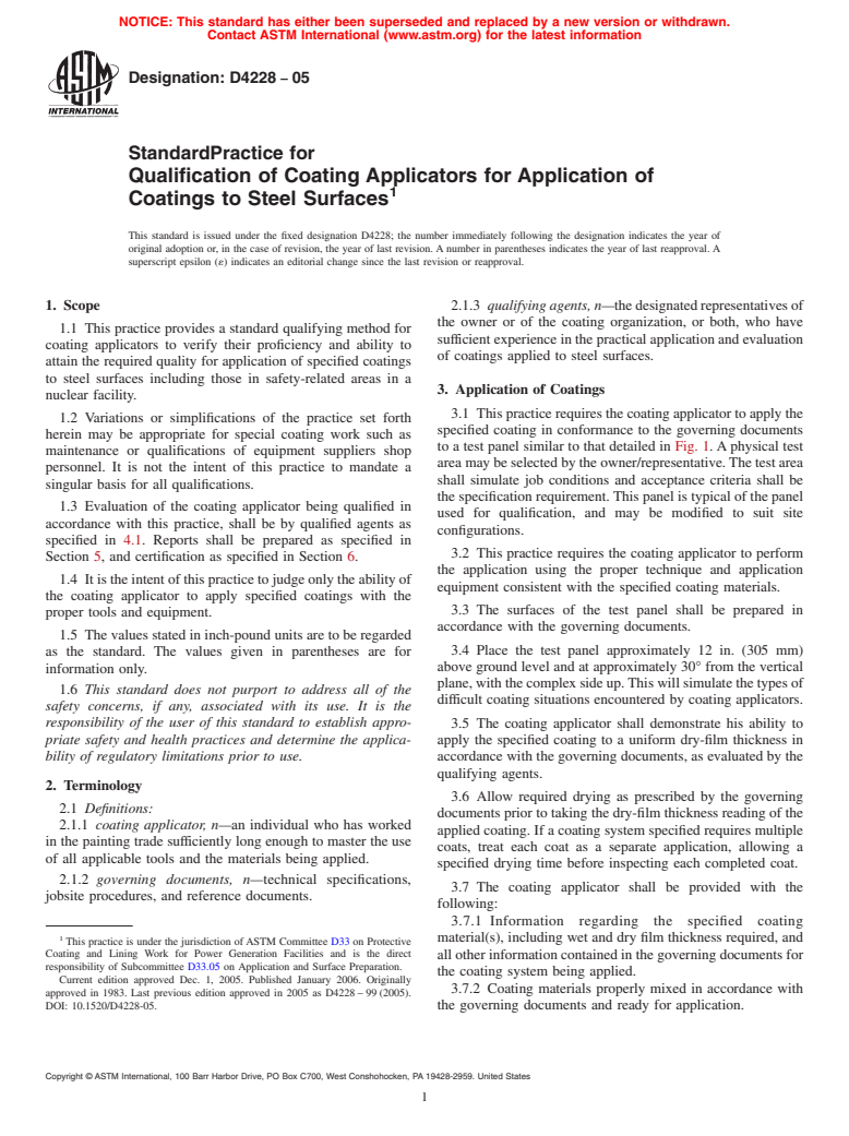 ASTM D4228-05 - Standard Practice for Qualification of Coating Applicators for Application of Coatings to Steel Surfaces